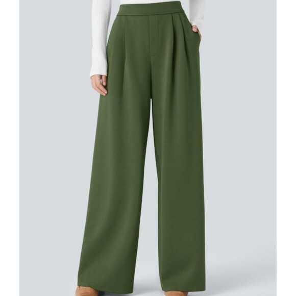 Halara Green High Waist Pleated Wide Leg Heavyweight Pull On Pants Size Small - Picture 1 of 9